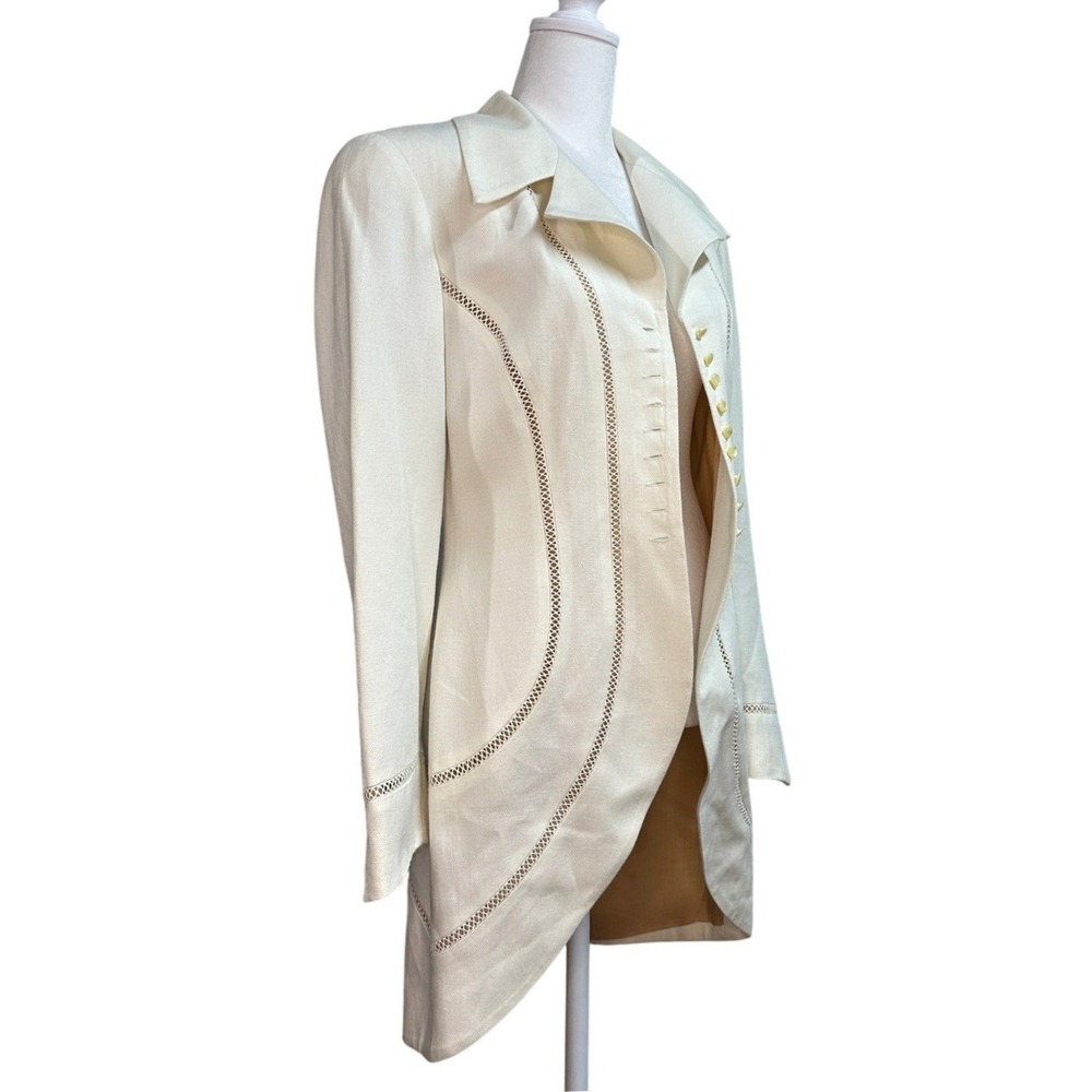 Kathryn Dianos Vintage Linen Blend Cutout Longline Blazer Cream Women's 6 USA - Picture 2 of 6